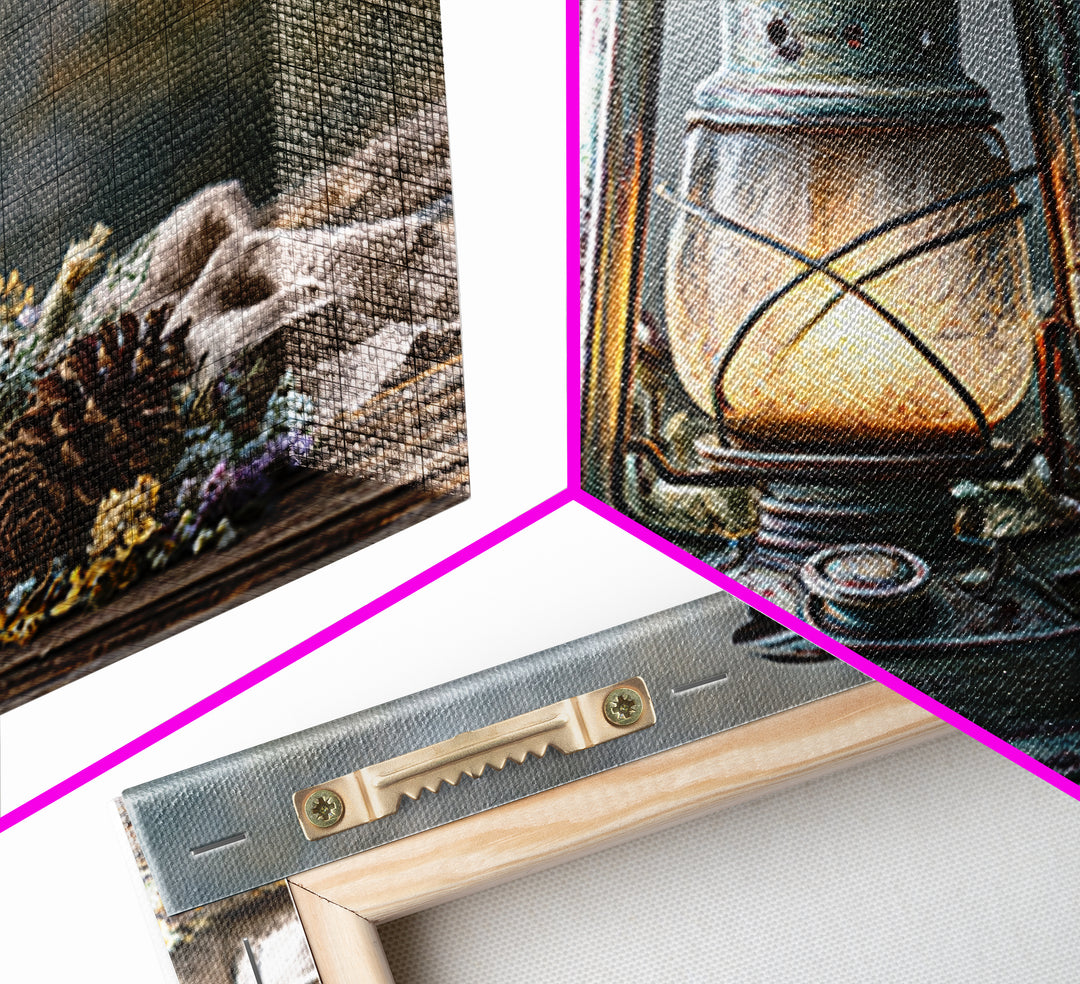 Rustic Lantern Glowing Beside Pinecones Framed Canvas Print, Rustic Art, Fine Art Print, Farmhouse Decor, Watercolor Art, RUS-3x2-80