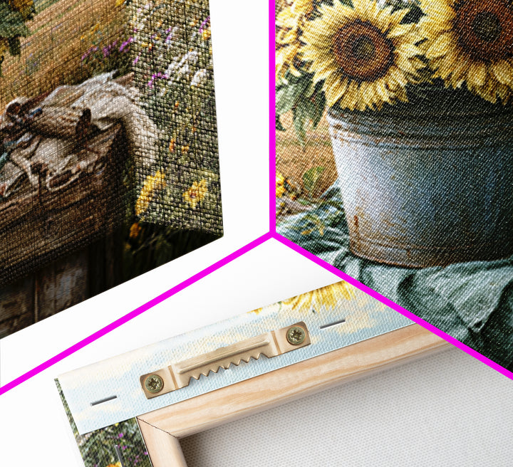 Sunflowers in a Metal Bucket Canvas Print, Rustic Art, Boho Decor, Farmhouse Decor, Oil Painting, Rustic, Digital Art, RUS-3x2-88