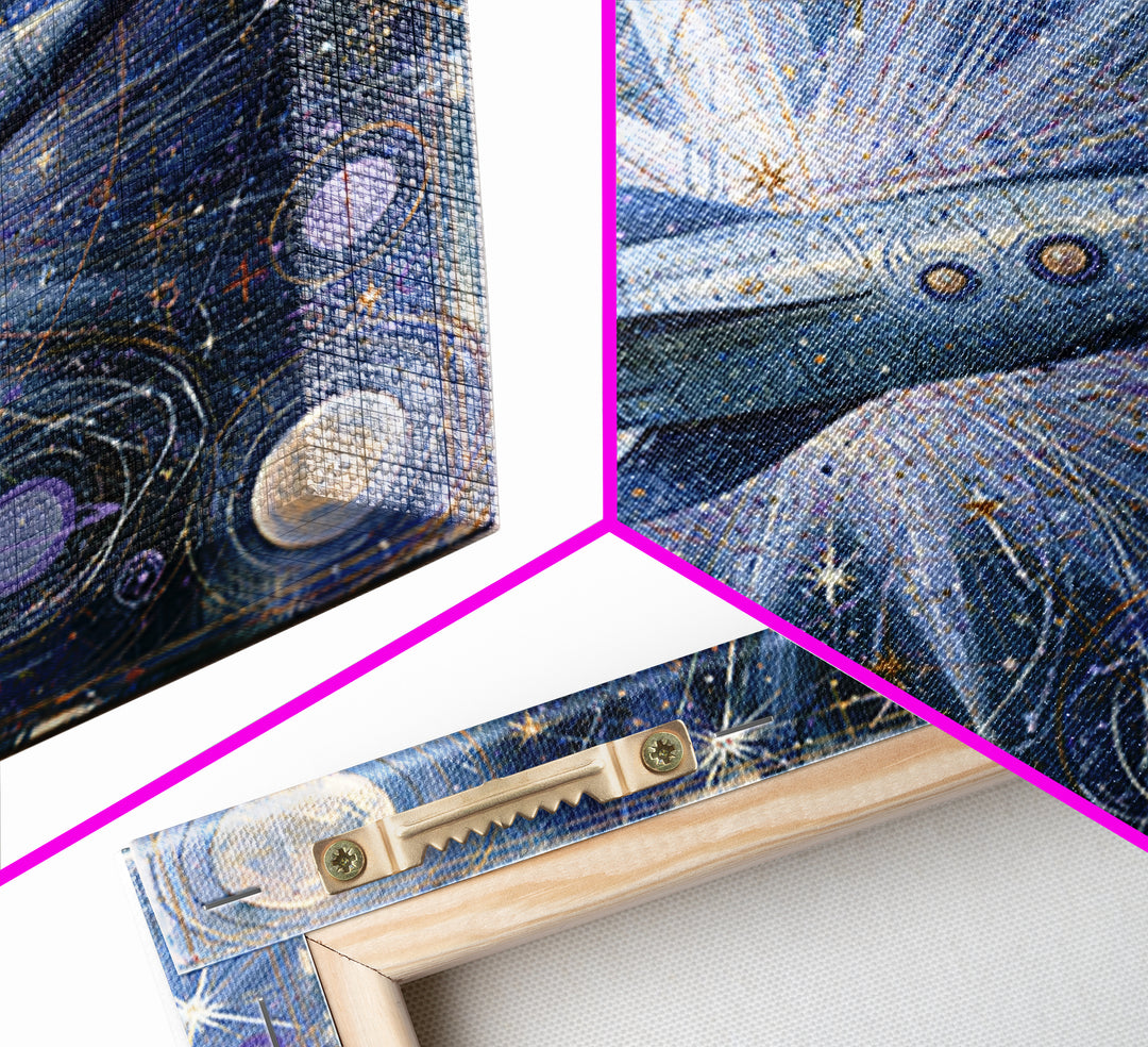Rocket Ship Crossing a Retro Star Field Framed Canvas Print, Space Art, Fine Art Print, Spa Decor, Watercolor Art, Serenity, SAR-1x1-34