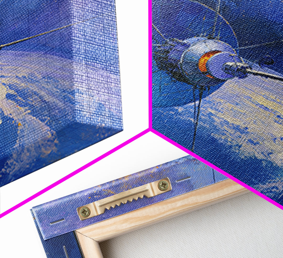Satellite Orbiting Above Blue Planet Framed Canvas Print, Space Art, Retro Wall Art, Spa Decor, Abstract Art, Serenity, SAR-1x1-84