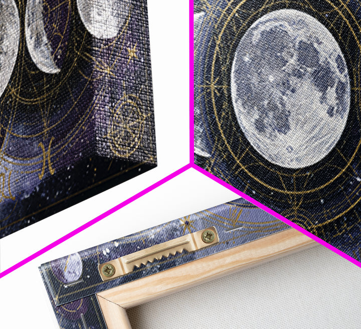 Moon Phases in Elegant Monochrome Framed Canvas Print, Space Art, Printable Wall Art, Spa Decor, Serenity, Retro Wall Art, SAR-2x1-37