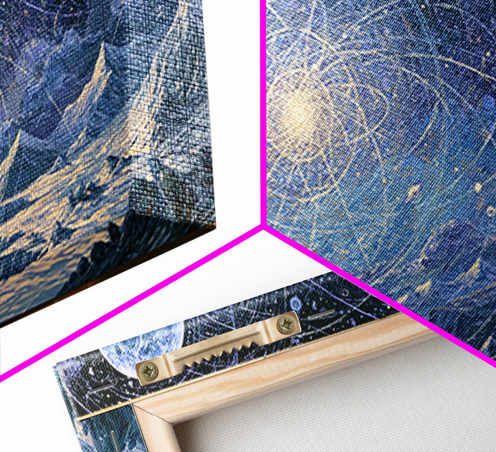 Alien Moonrise over Icy Cliffs Framed Canvas Print, Space Art, Printable Wall Art, Spa Decor, Oil Painting, Serenity, SAR-2x1-90