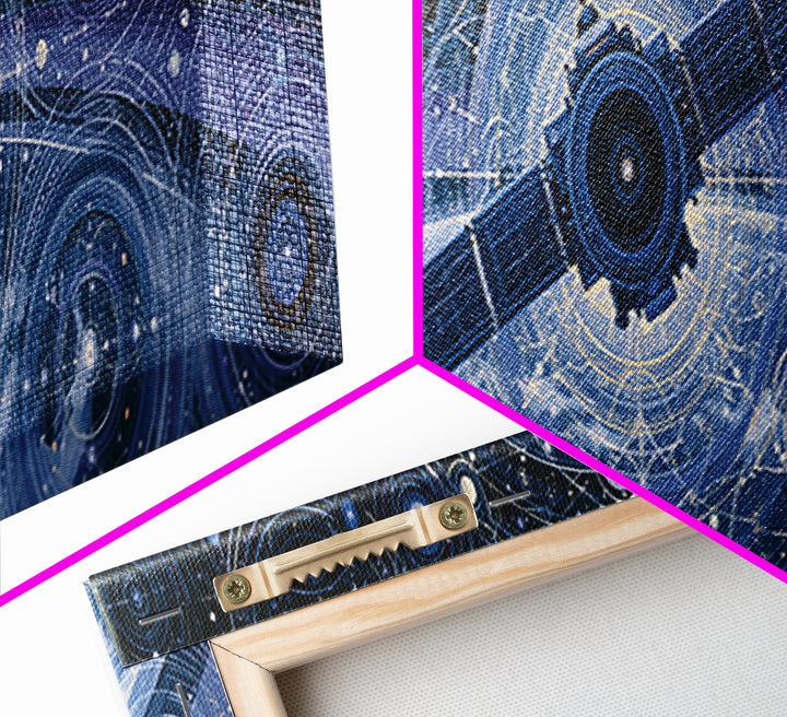 Satellite Orbiting Above Blue Planet Canvas Print, Space Art, Painting, Spa Decor, Abstract Art, Serenity, Canvas Wall Art, SAR-3x1-100
