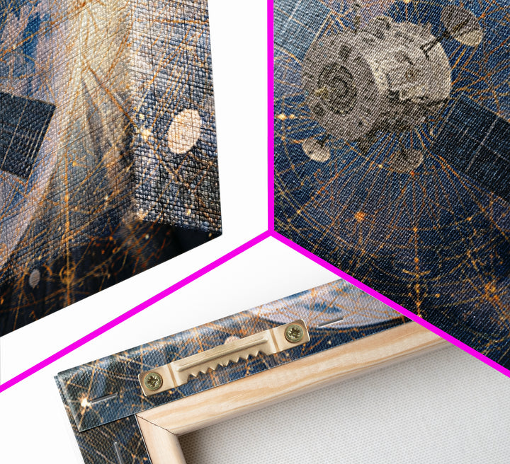 Satellite Orbiting Above Blue Planet Framed Canvas Print, Space Art, Textured Painting, Spa Decor, Oil Painting, Serenity, SAR-3x2-40