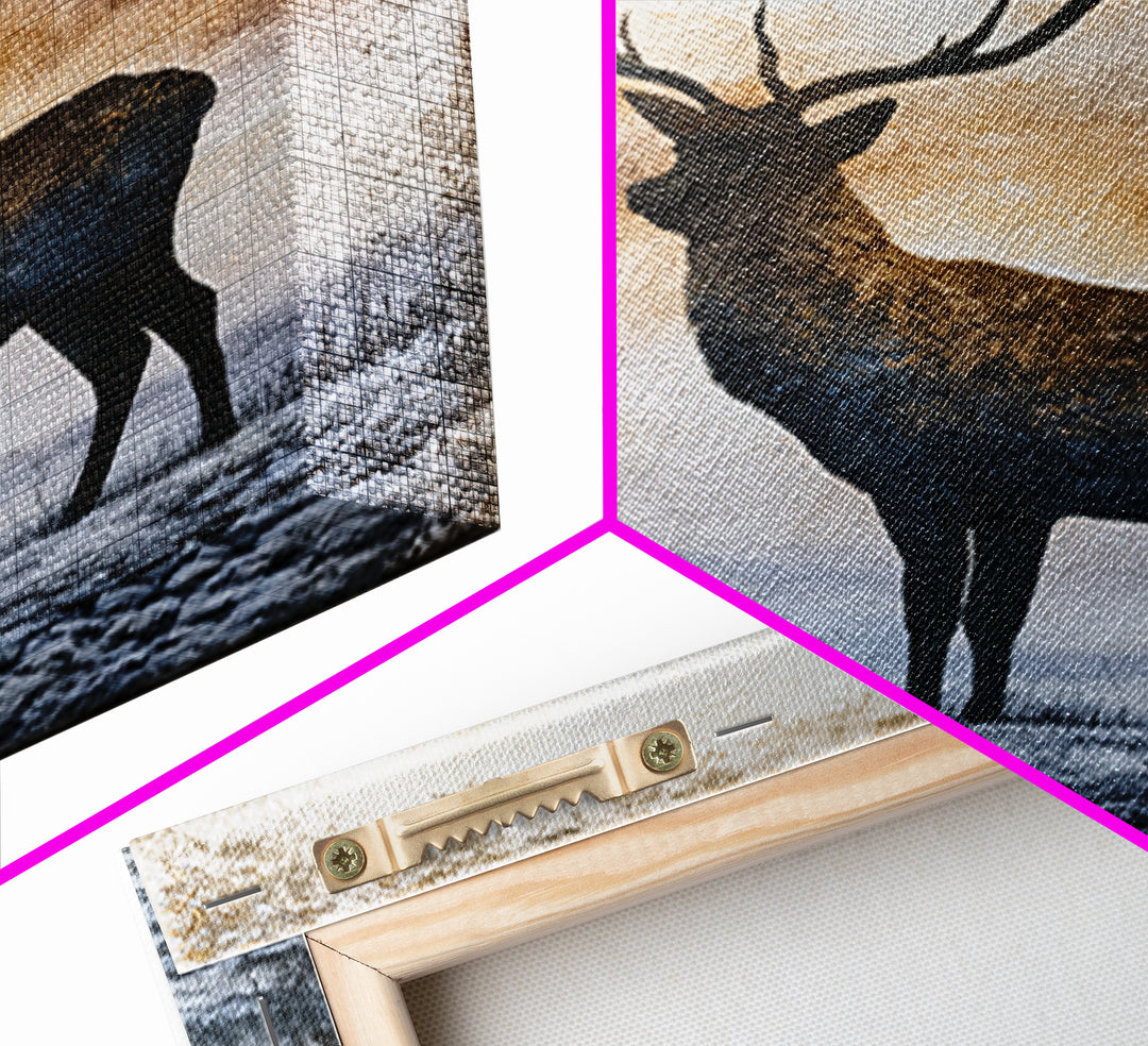 Reindeer Silhouette in Snowy Landscape Framed Canvas Print, Scandinavian Art, Abstract Painting, Living Room Decor, Nordic, SCA-1x1-6