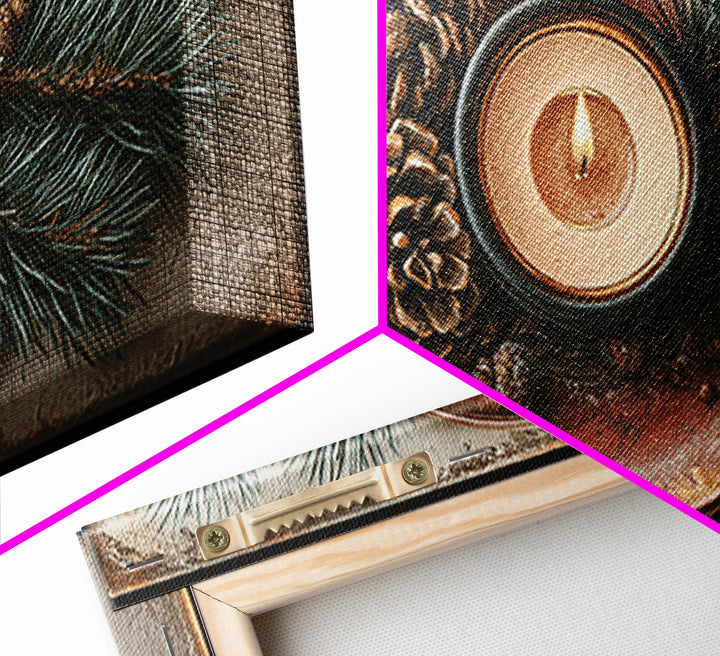 Hygge Candle and Pine Branch Still Life Framed Canvas Print, Scandinavian Art, Oil Painting, Living Room Decor, Watercolor Art, SCA-2x1-72