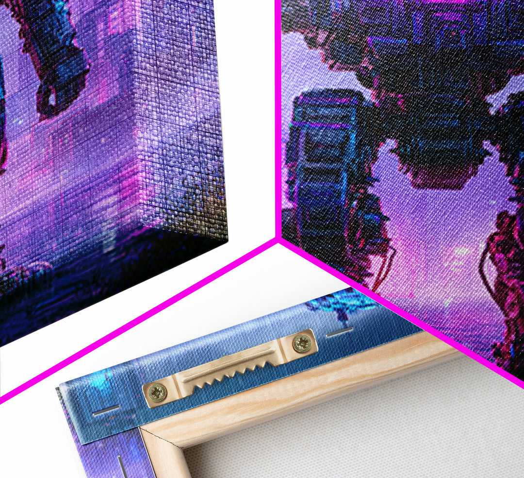 Mech Silhouette in Rainy Neon City Canvas Print, Scifi Art, Retro Wall Art, Living Room Decor, Oil Painting, Orbit, Fantasy Art, SCI-1x1-15