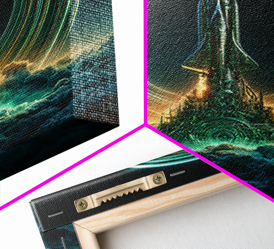 Retro Rocket Launching Through Cloud Rings Framed Canvas Print, Scifi Art, Boho Decor, Living Room Decor, Oil Painting, Orbit, SCI-1x1-79
