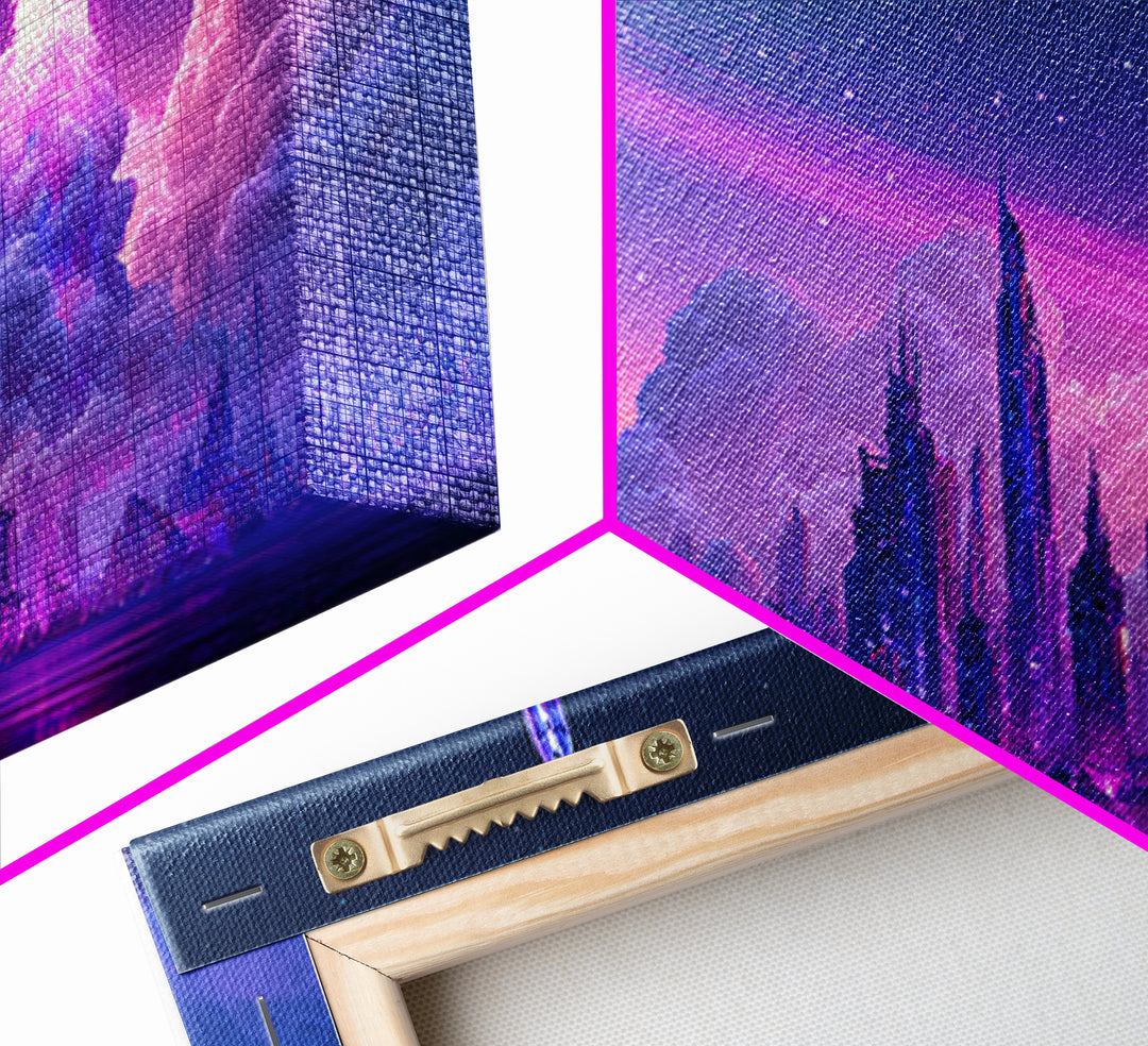 Retro Rocket Launching Through Cloud Rings Framed Canvas Print, Scifi Art, Boho Decor, Living Room Decor, Oil Painting, Orbit, SCI-2x1-27