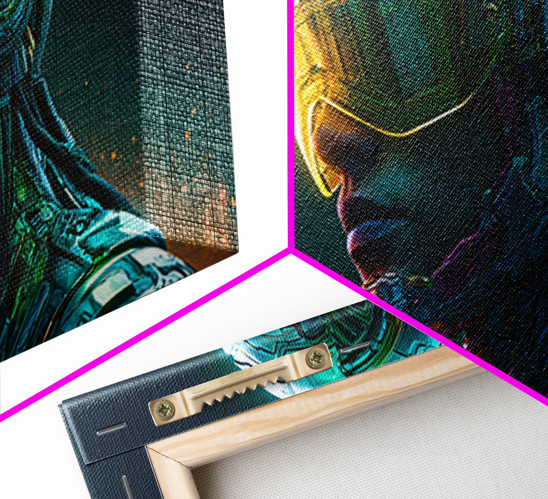 Cyborg Portrait with Reflective Visor Framed Canvas Print, Scifi Art, Original Art, Living Room Decor, Fine Art, Orbit, SCI-2x1-29