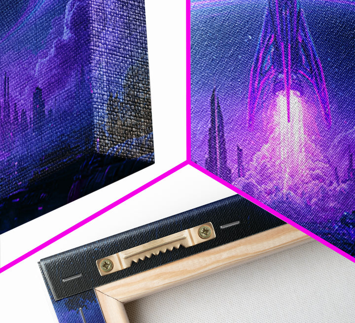 Retro Rocket Launching Through Cloud Rings Framed Canvas Print, Scifi Art, Art Print, Living Room Decor, Fine Art, Orbit, SCI-2x1-75