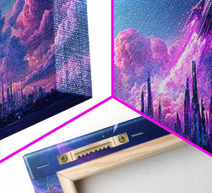 Retro Rocket Launching Through Cloud Rings Framed Canvas Print, Scifi Art, Pop Art, Living Room Decor, Fine Art, Orbit, SCI-2x1-99