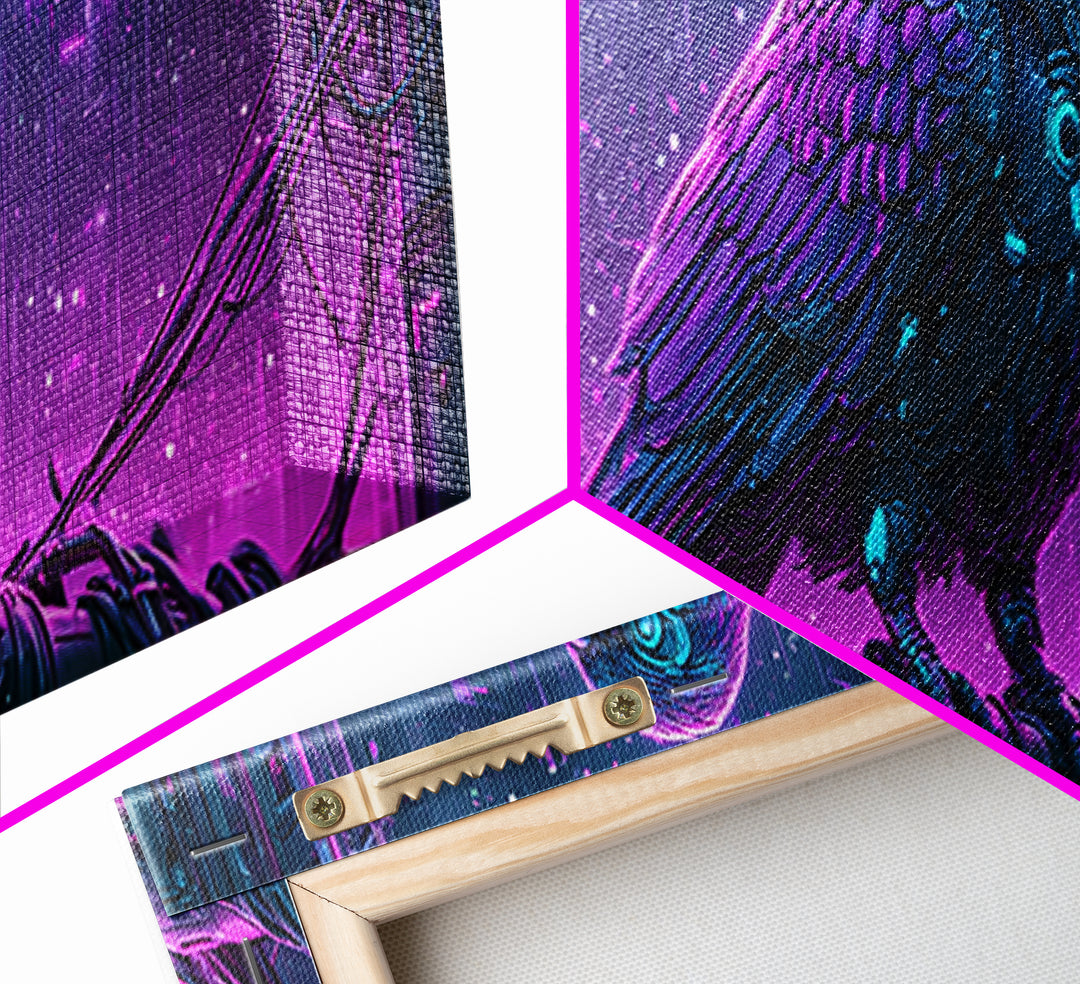 Robot Bird Perched on Antenna Framed Canvas Print, Scifi Art, Gallery Decor, Living Room Decor, Fine Art, Orbit, Wall Art, SCI-3x1-15