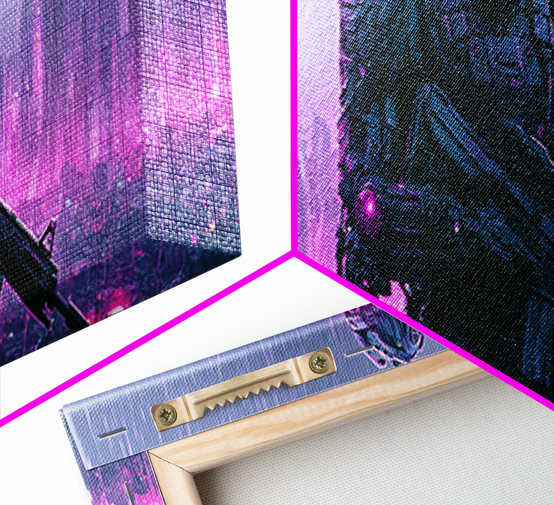 Mech Silhouette in Rainy Neon City Canvas Print, Scifi Art, Textured Painting, Living Room Decor, Abstract Art, Orbit, SCI-3x1-31