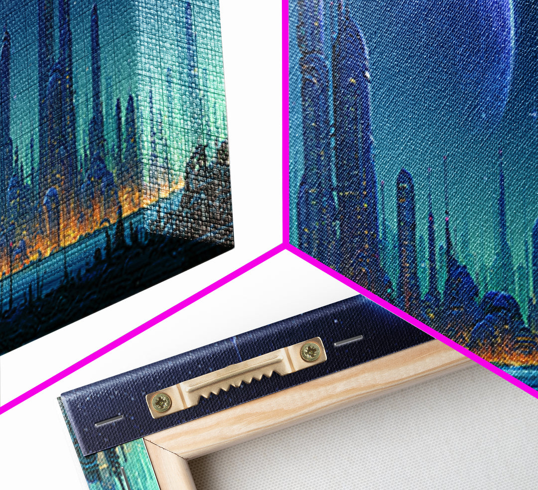 Futuristic City on a Moonlit World Framed Canvas Print, Scifi Art, Ai Art, Living Room Decor, Abstract Art, Orbit, SCI-3x1-67