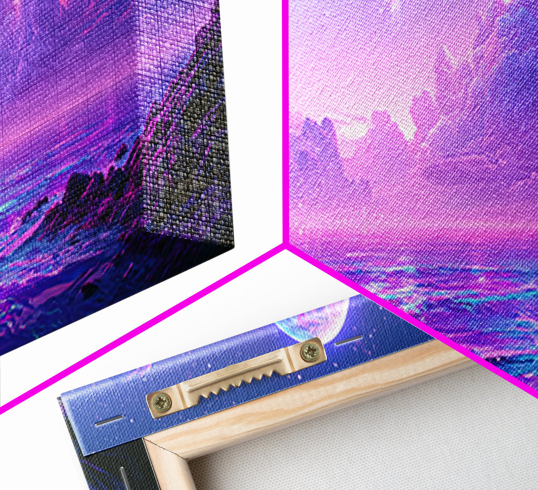 Alien Ocean with Two Moons Framed Canvas Print, Scifi Art, Fantasy Art, Living Room Decor, Oil Painting, Orbit, SCI-3x1-77