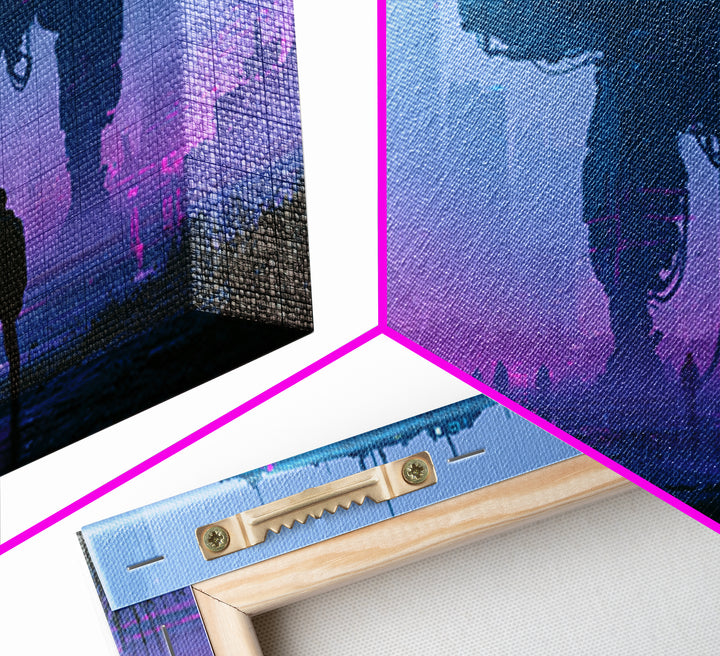 Mech Silhouette in Rainy Neon City Framed Canvas Print, Scifi Art, Statement Artwork, Living Room Decor, Fine Art, Orbit, SCI-3x2-19