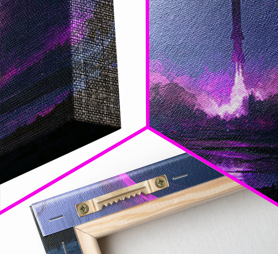 Retro Rocket Launching Through Cloud Rings Framed Canvas Print, Scifi Art, Art Print, Living Room Decor, Fine Art, Orbit, SCI-3x2-35