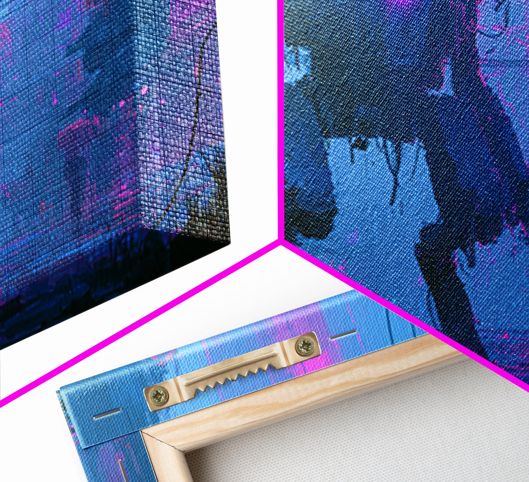 Mech Silhouette in Rainy Neon City Canvas Print, Scifi Art, Textured Painting, Living Room Decor, Abstract Art, Orbit, SCI-3x2-43