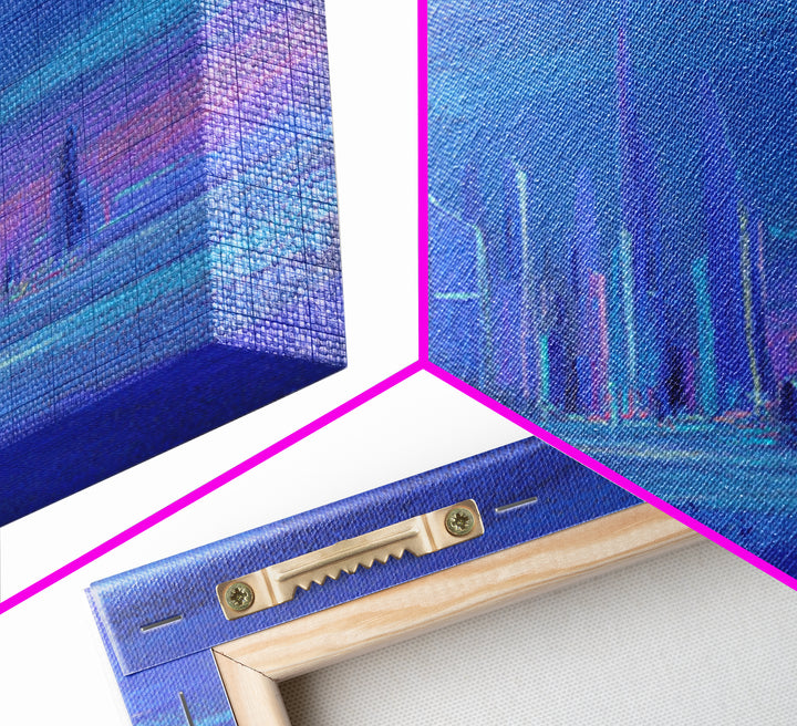 Mech Silhouette in Rainy Neon City Framed Canvas Print, Scifi Art, Retro Wall Art, Living Room Decor, Oil Painting, Orbit, SCI-3x2-91