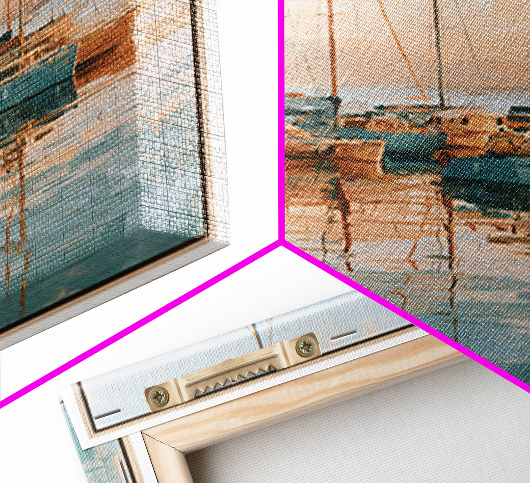 Mediterranean Harbor at Dawn Framed Canvas Print, Seascape Art, Living Room Wall Art, Coastal Decor, Fine Art, Seascape, SEA-1x1-70