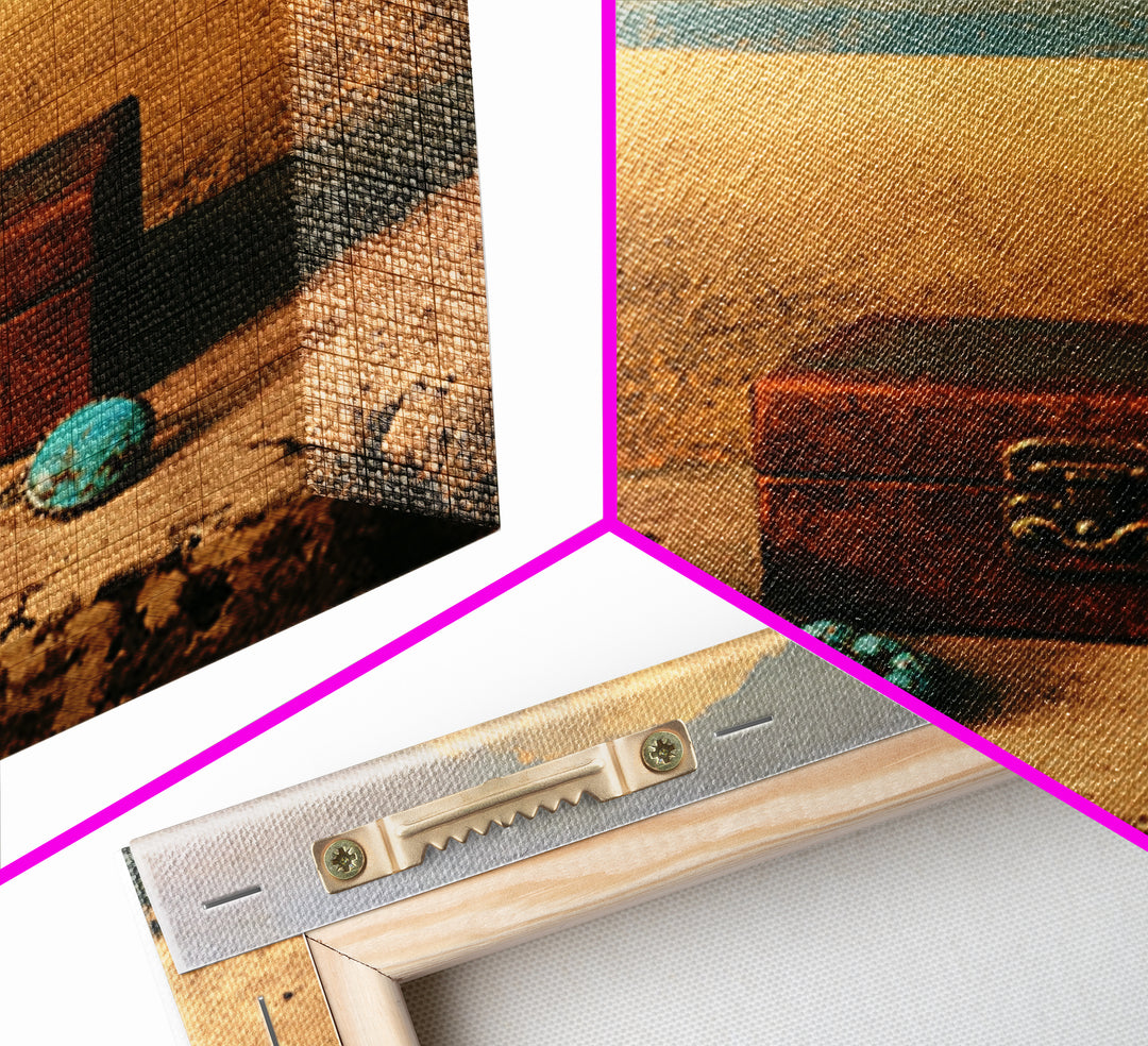 Turquoise Jewelry and Leather Still Life Framed Canvas Print, Southwestern Art, Boho Wall Art, Southwestern Decor, Mesa, SOU-1x1-11