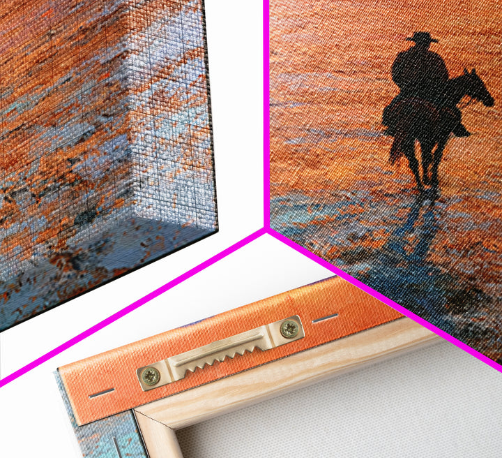 Horse Rider Crossing Desert at Dusk Framed Canvas Print, Southwestern Art, Farmhouse Wall Art, Southwestern Decor, Mesa, SOU-1x1-43