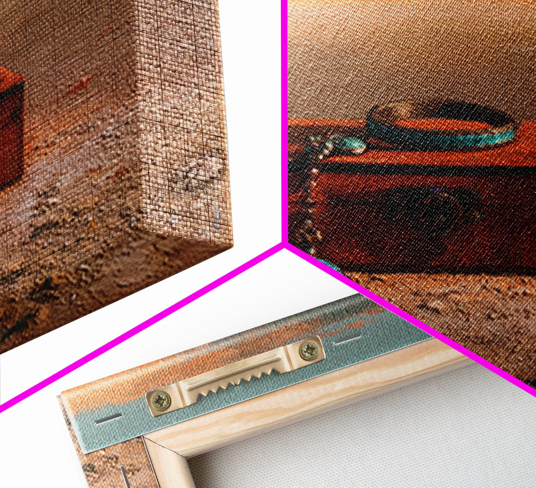 Turquoise Jewelry and Leather Still Life Canvas Print, Southwestern Art, Gallery Decor, Southwestern Decor, Fine Art, Mesa, SOU-1x1-59