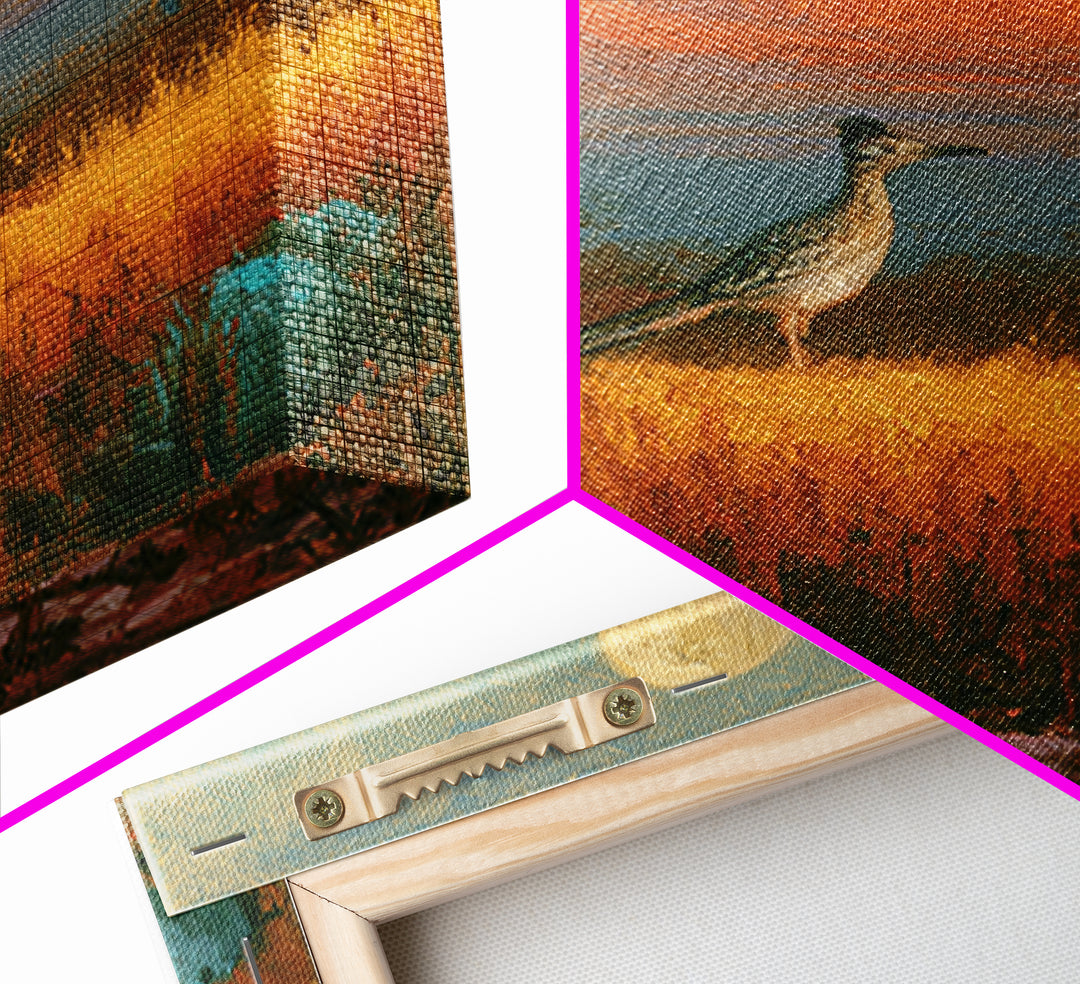 Roadrunner under a Pale Desert Moon Framed Canvas Print, Southwestern Art, Digital Wall Art, Southwestern Decor, Oil Painting, SOU-1x1-8