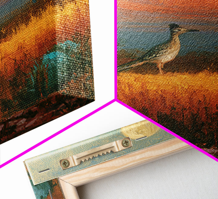Roadrunner under a Pale Desert Moon Framed Canvas Print, Southwestern Art, Digital Wall Art, Southwestern Decor, Oil Painting, SOU-1x1-8