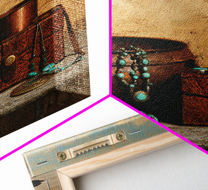 Turquoise Jewelry and Leather Still Life Framed Canvas Print, Southwestern Art, Luxury Decor, Southwestern Decor, Mesa, SOU-1x1-83