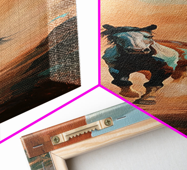 Wild Mustang Running Through Dusty Canyon Canvas Print, Southwestern Art, Neutral Decor, Southwestern Decor, Oil Painting, Mesa, SOU-1x3-18