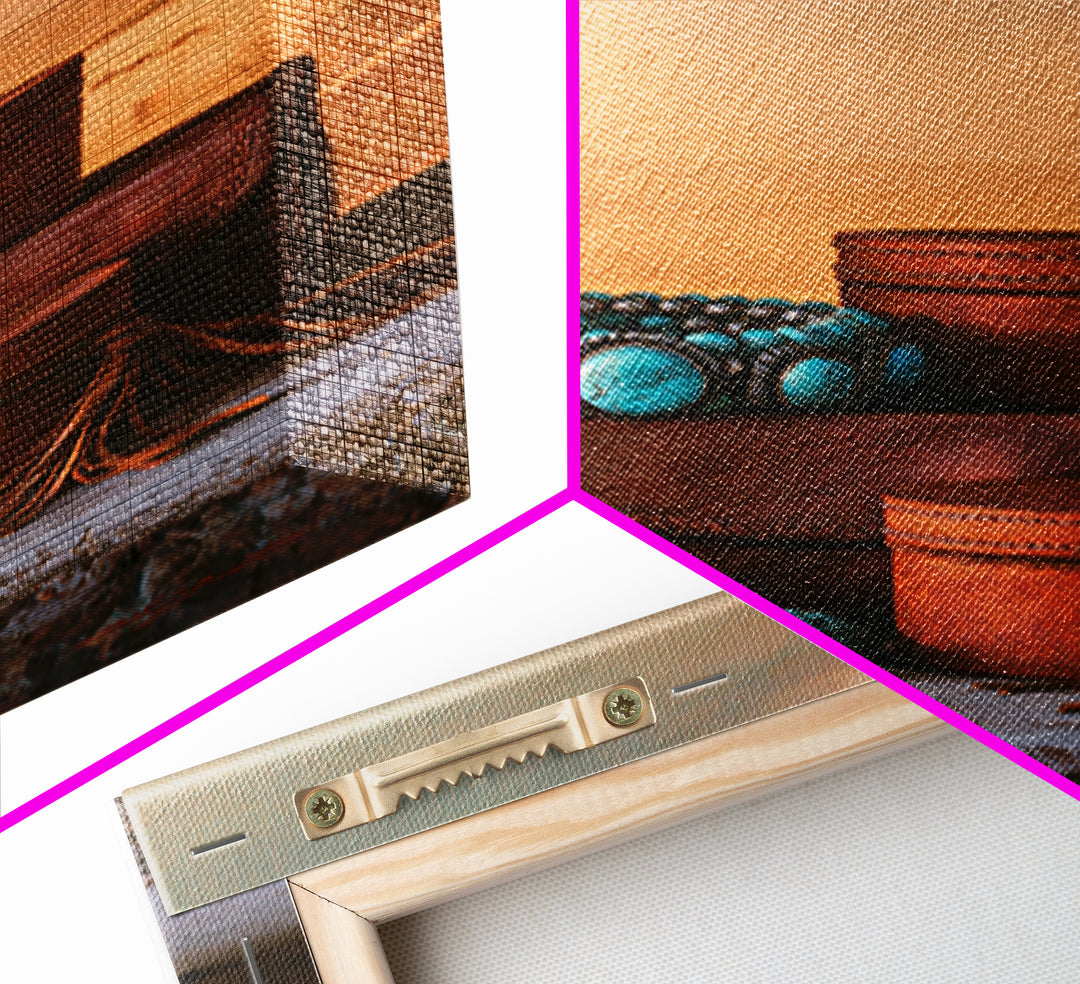 Turquoise Jewelry and Leather Still Life Framed Canvas Print, Southwestern Art, Prints Wall Art, Southwestern Decor, Mesa, SOU-2x3-43