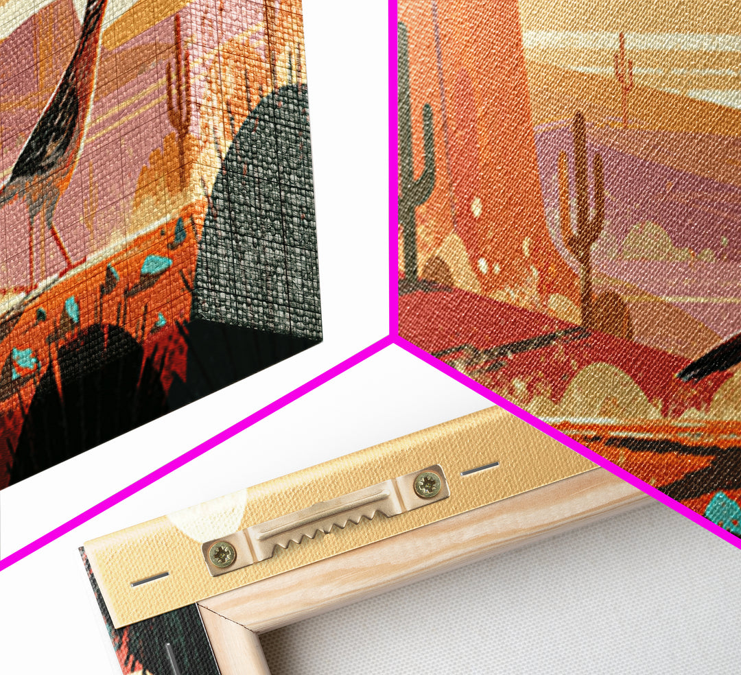 Roadrunner under a Pale Desert Moon Canvas Print, Southwestern Art, Textured Painting, Southwestern Decor, Watercolor Art, Mesa, SOU-3x1-48