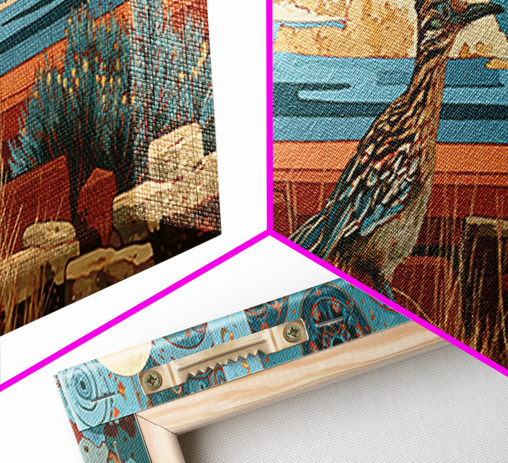 Roadrunner under a Pale Desert Moon Framed Canvas Print, Southwestern Art, Art, Southwestern Decor, Mesa, Boho Wall Decor, SOU-3x1-72