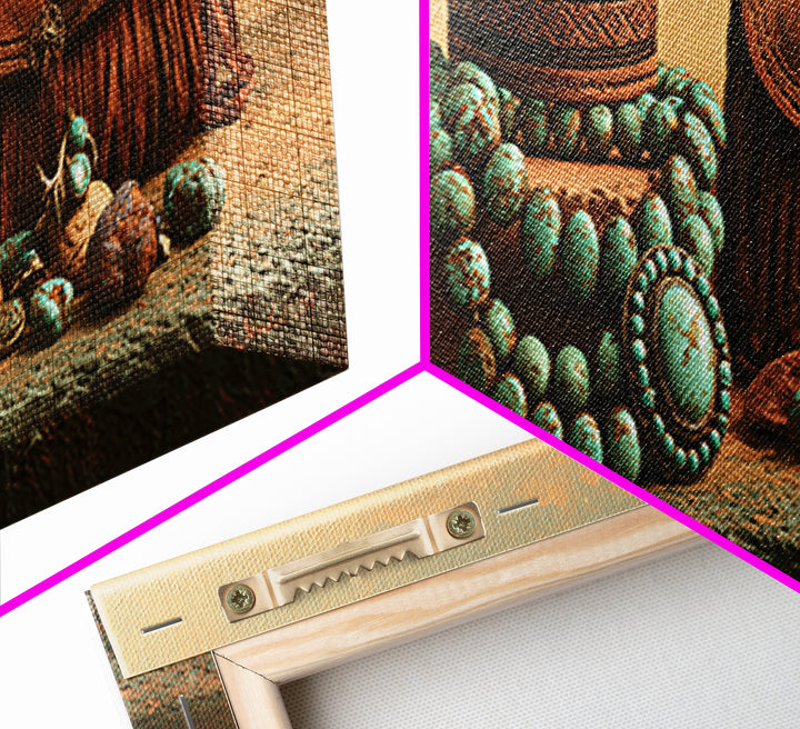 Turquoise Jewelry and Leather Still Life Framed Canvas Print, Southwestern Art, Digital Wall Art, Southwestern Decor, Mesa, SOU-3x1-99