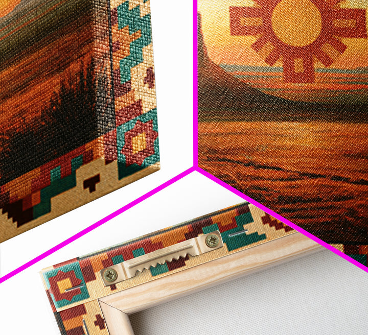 Sun Symbol with Geometric Southwest Border Framed Canvas Print, Southwestern Art, Western Home Decor, Southwestern Decor, Mesa, SOU-3x2-25