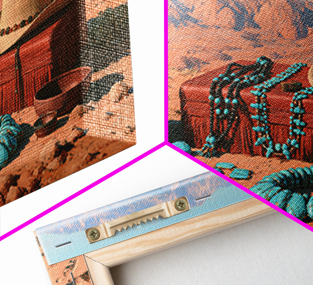 Turquoise Jewelry and Leather Still Life Framed Canvas Print, Southwestern Art, Landscape Art, Southwestern Decor, Mesa, SOU-3x2-63