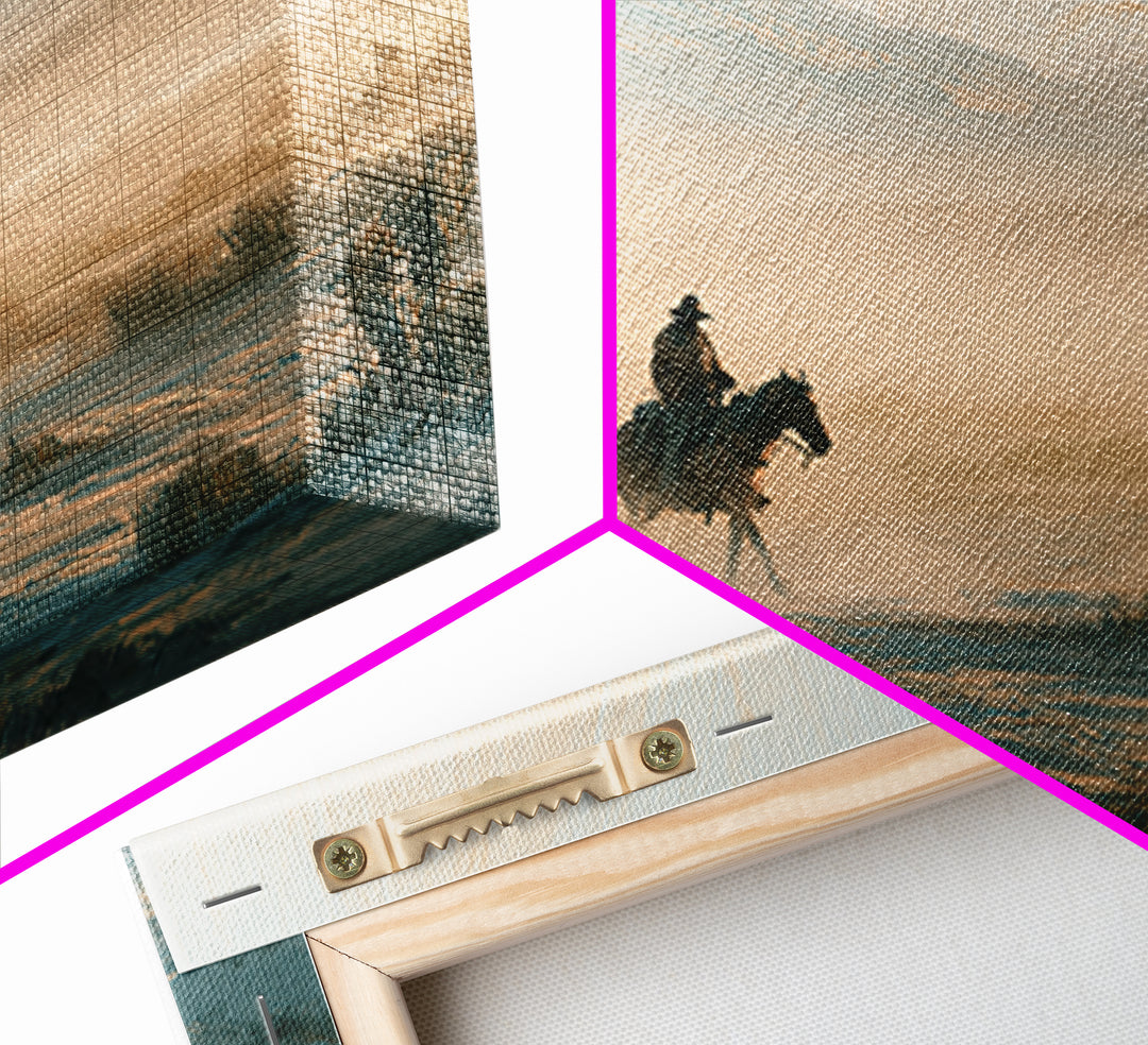 Horse Rider Crossing Desert at Dusk Framed Canvas Print, Southwestern Art, Rustic Home Decor, Southwestern Decor, SOU-3x2-71
