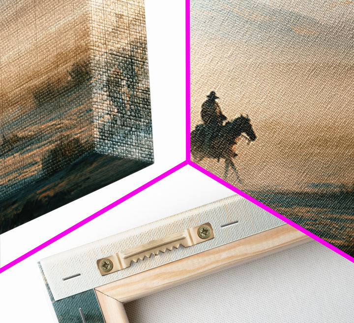 Horse Rider Crossing Desert at Dusk Framed Canvas Print, Southwestern Art, Rustic Home Decor, Southwestern Decor, SOU-3x2-71
