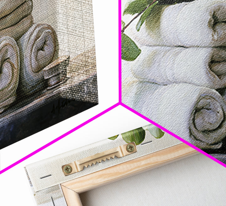 White Towels and Eucalyptus Without Room Context Framed Canvas Print, Spa Art, Statement Artwork, Spa Decor, Fine Art, Serenity, SPA-2x1-20