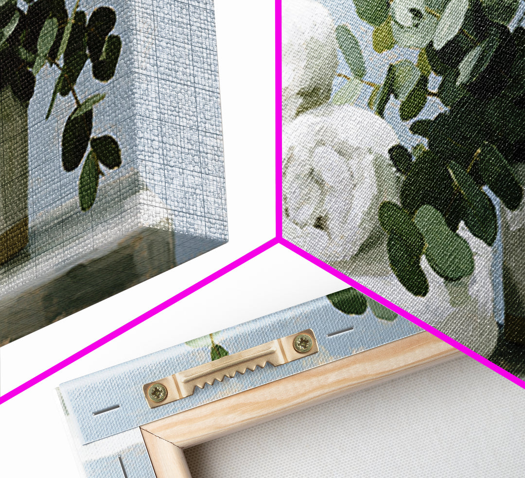 White Towels and Eucalyptus Without Room Context Framed Canvas Print, Spa Art, Abstract Print, Spa Decor, Oil Painting, SPA-2x1-92