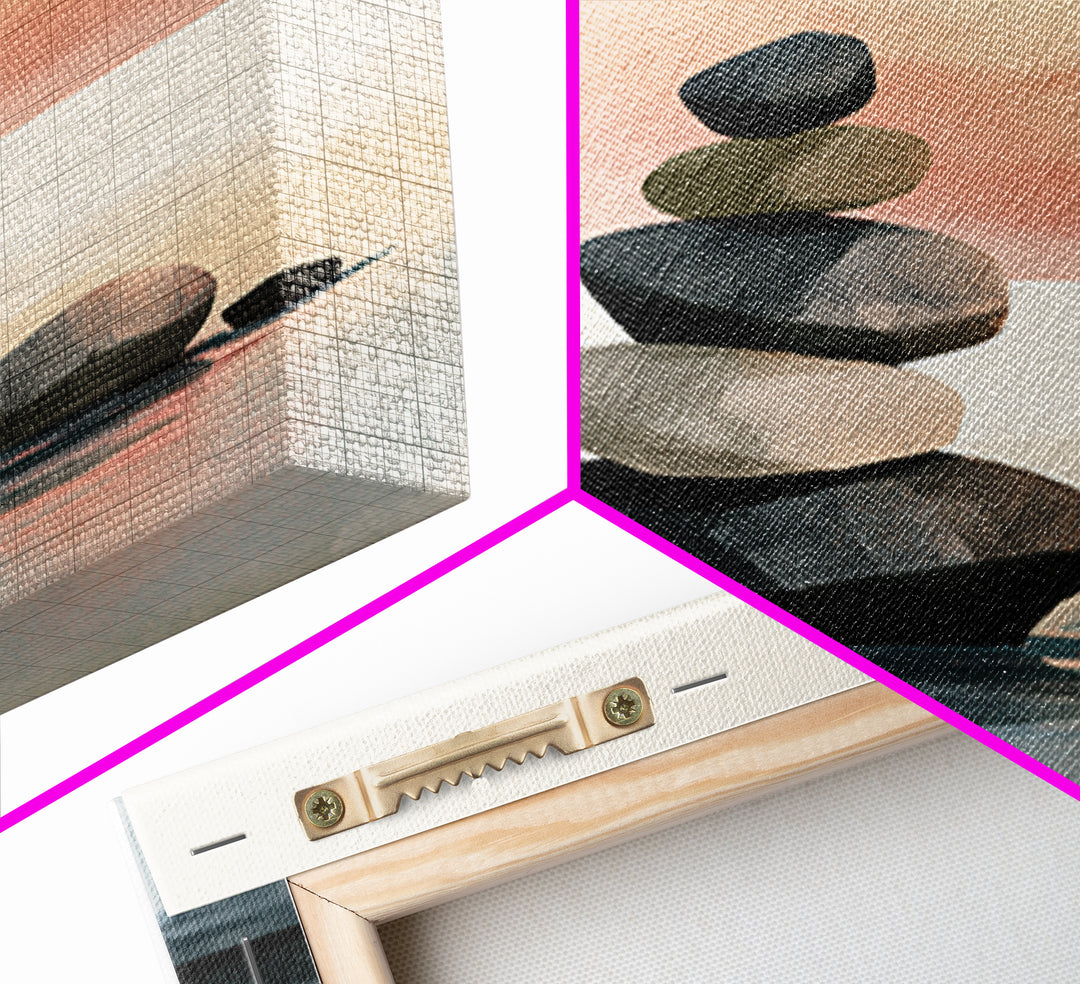 Stacked Stones Beside Calm Water Framed Canvas Print, Spa Art, Art Print, Spa Decor, Fine Art, Serenity, Botanical Art, SPA-3x2-77