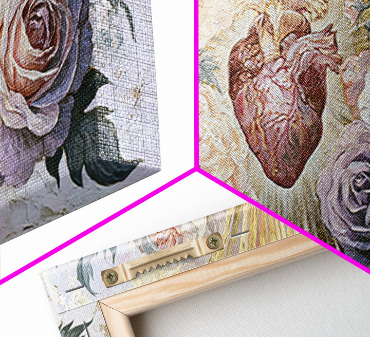 Sacred Heart with Roses and Gold Rays Canvas Print, Spiritual Art, Framed Wall Art, Living Room Decor, Fine Art, Spirit, SPI-2x1-58