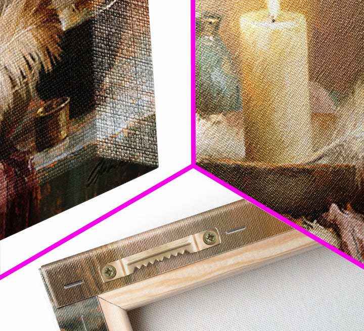 Candle and Feather Still Life Framed Canvas Print, Spiritual Art, Textured Painting, Living Room Decor, Fine Art, Spirit, SPI-3x1-60