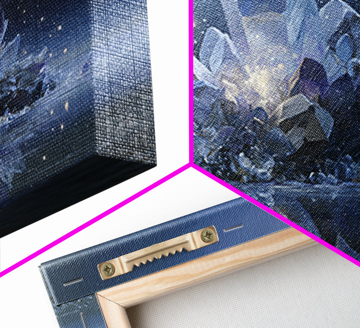 Crystal Cluster with Moonlight Reflections Framed Canvas Print, Spiritual Art, Living Room Decor, Watercolor Art, Spirit, SPI-3x2-41