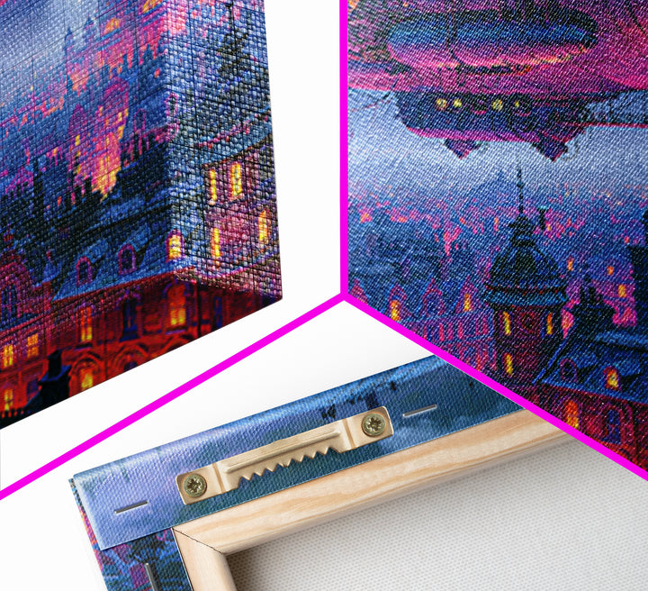 Airship Floating Above Victorian City Roofs Framed Canvas Print, Steampunk Art, Modern Art, Living Room Decor, Mechanic, STE-1x1-2