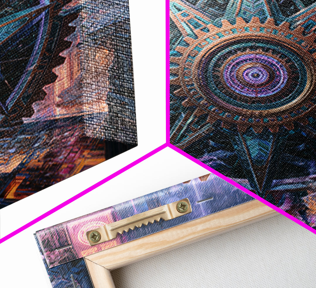 Cogwheel Mandala in Bronze and Teal Framed Canvas Print, Steampunk Art, Wall Art Print, Living Room Decor, Fine Art, Mechanic, STE-1x1-64