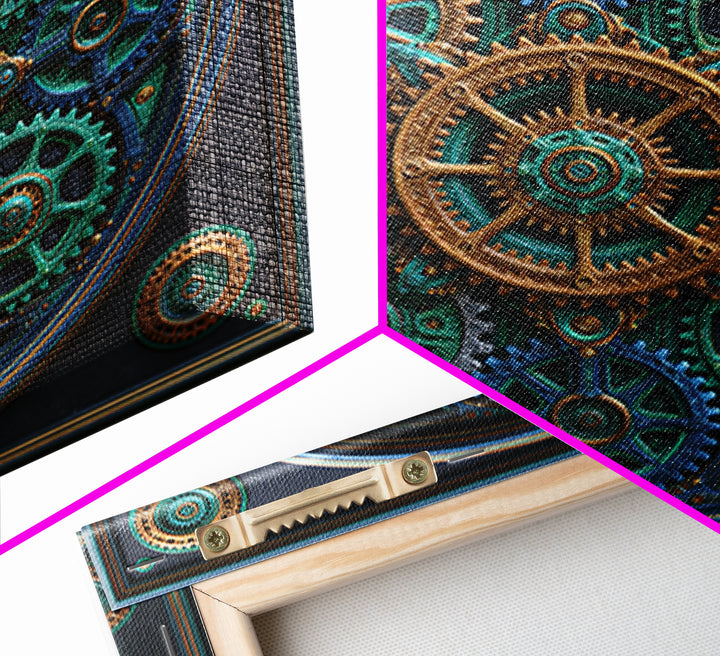 Cogwheel Mandala in Bronze and Teal Framed Canvas Print, Steampunk Art, Minimalist Decor, Living Room Decor, Fine Art, Mechanic, STE-1x1-88