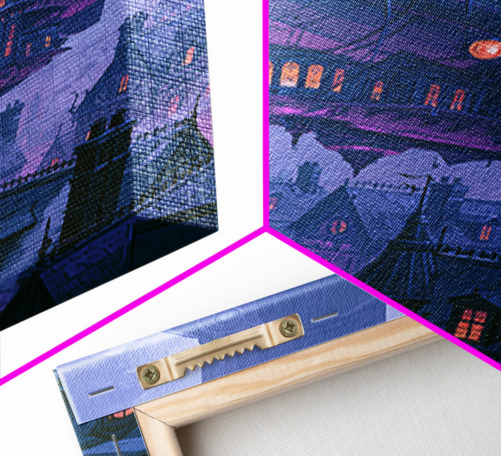 Airship Floating Above Victorian City Roofs Framed Canvas Print, Steampunk Art, Art Print, Living Room Decor, Mechanic, STE-2x3-34